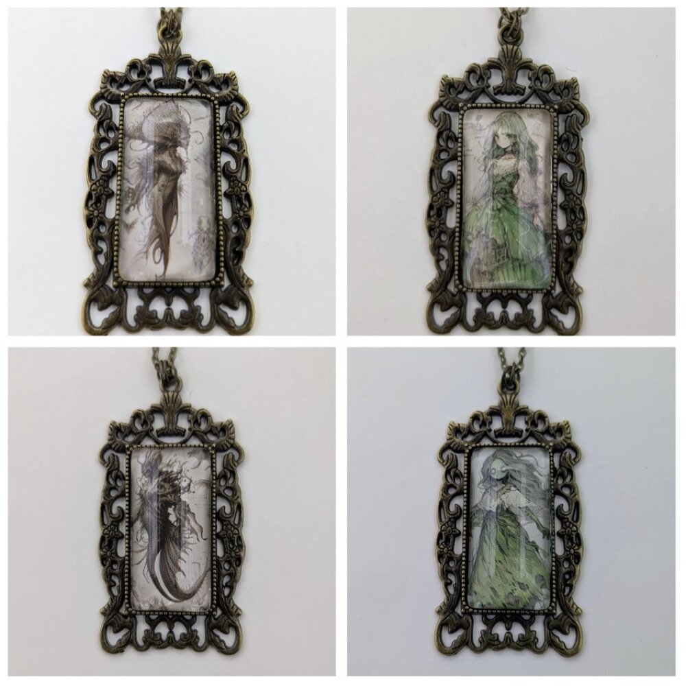 Handmade Brass Photo Pendant - Mythological Art Glass Cabochon Necklace Large
